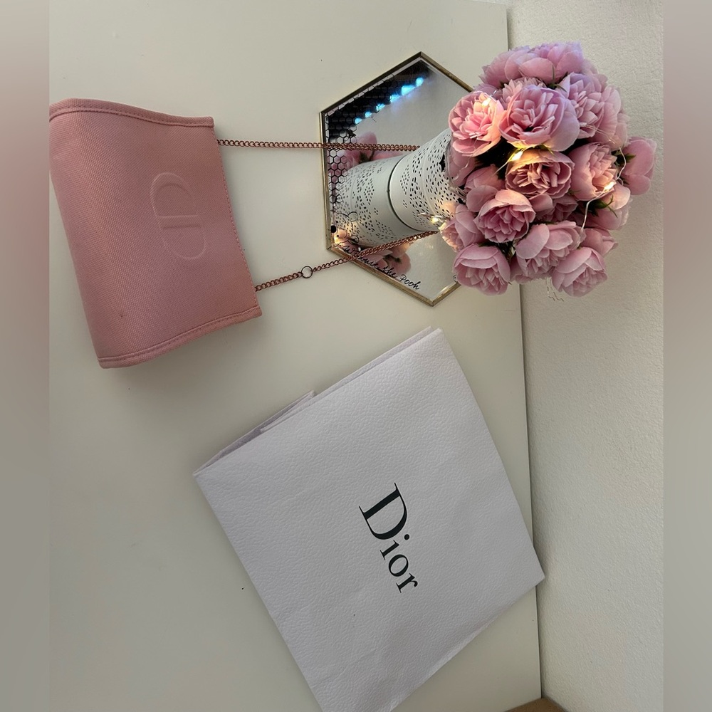 Dior Blush Pink Mini Trousse Bag with rose gold adjustable Chain Strap